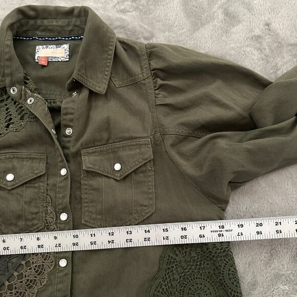 Pilcro Anthropologie Olive Green Eyelet Lace Button Down Shirt XS Blouse - Picture 6 of 7